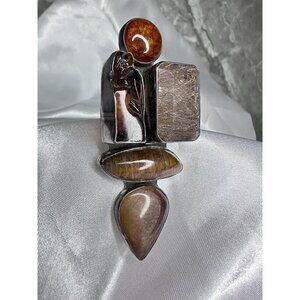 Amy Kahn Russell AKR Multistone Sterling Silver Brooch Pendant Amber Gypsum SEE
